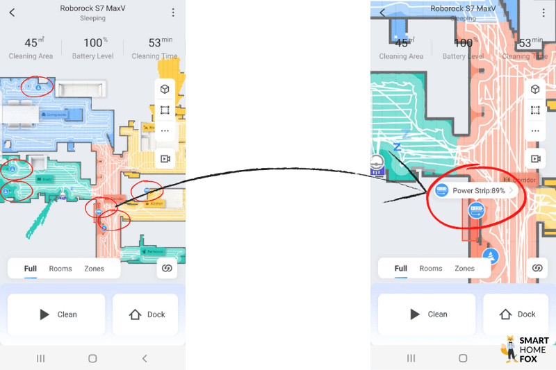 Обнаруженные препятствия отображаются на карте в приложении Roborock S7 MaxV.